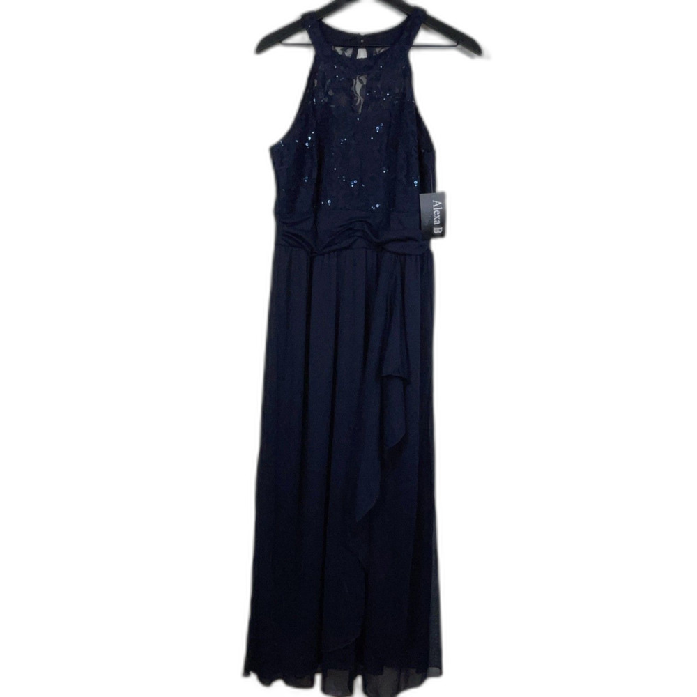 Alexa B Nites Navy Sequins Lace Halter Dress Size 14 P